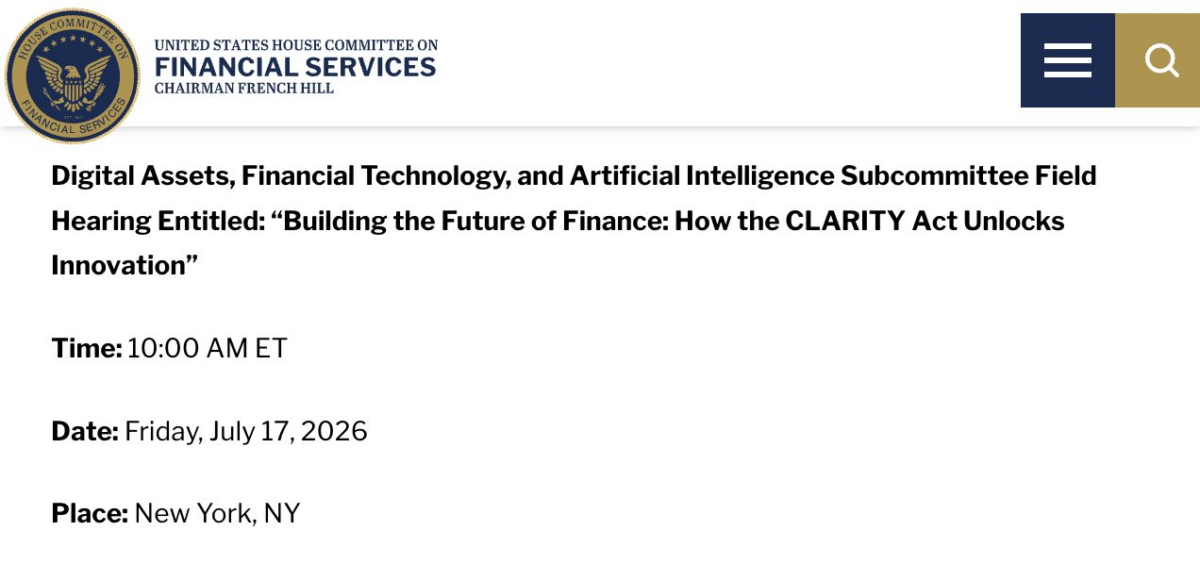 U.S. House Sets July 17 Hearing on CLARITY Act’s Crypto Framework U.S. House Sets July 17 Hearing on CLARITY Act’s Crypto Framework