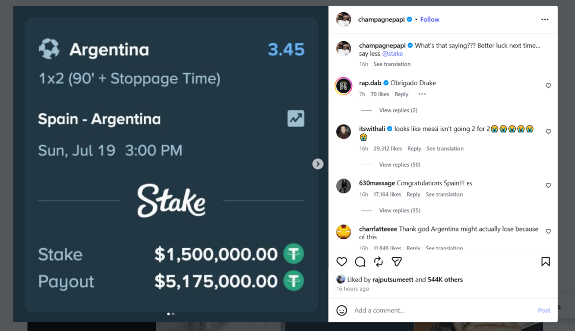 Drake Bets .5M in USDT on Argentina to Win World Cup Final Drake Bets .5M in USDT on Argentina to Win World Cup Final