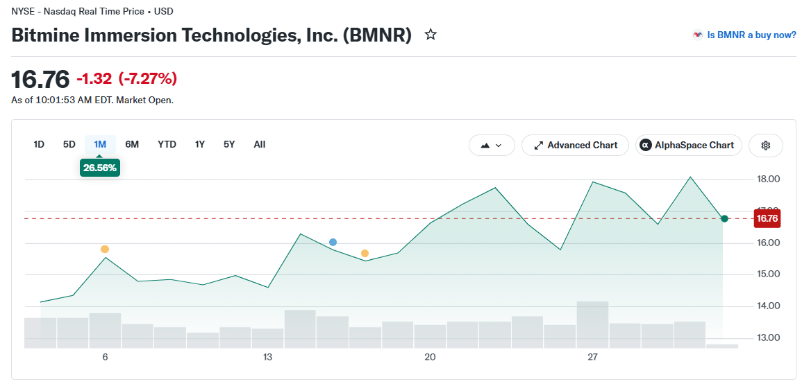 July Crypto Stock Breakdown: Why MSTR, BMNR Held Gains as IREN, WULF, RIOT, ABTC Dropped 8 Bitmine (BMNR) Price Chart