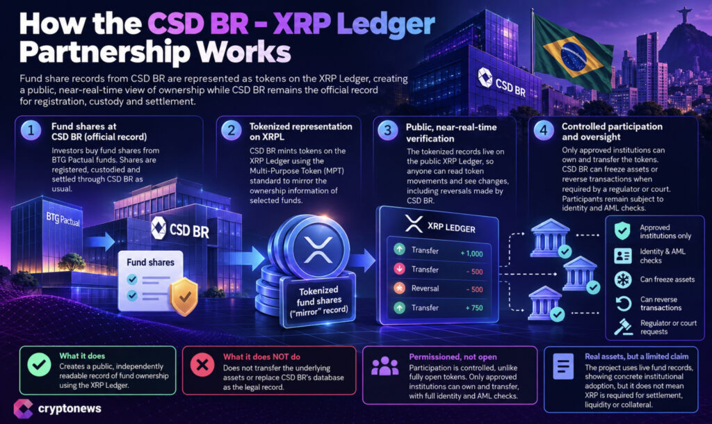 XRP News: Brazil $4T Financial Infrastructure Expands Onto XRPL 2 CSD BR’s latest news brings live BTG Pactual fund records onto XRP Ledger for public verification, while database remains on the record.