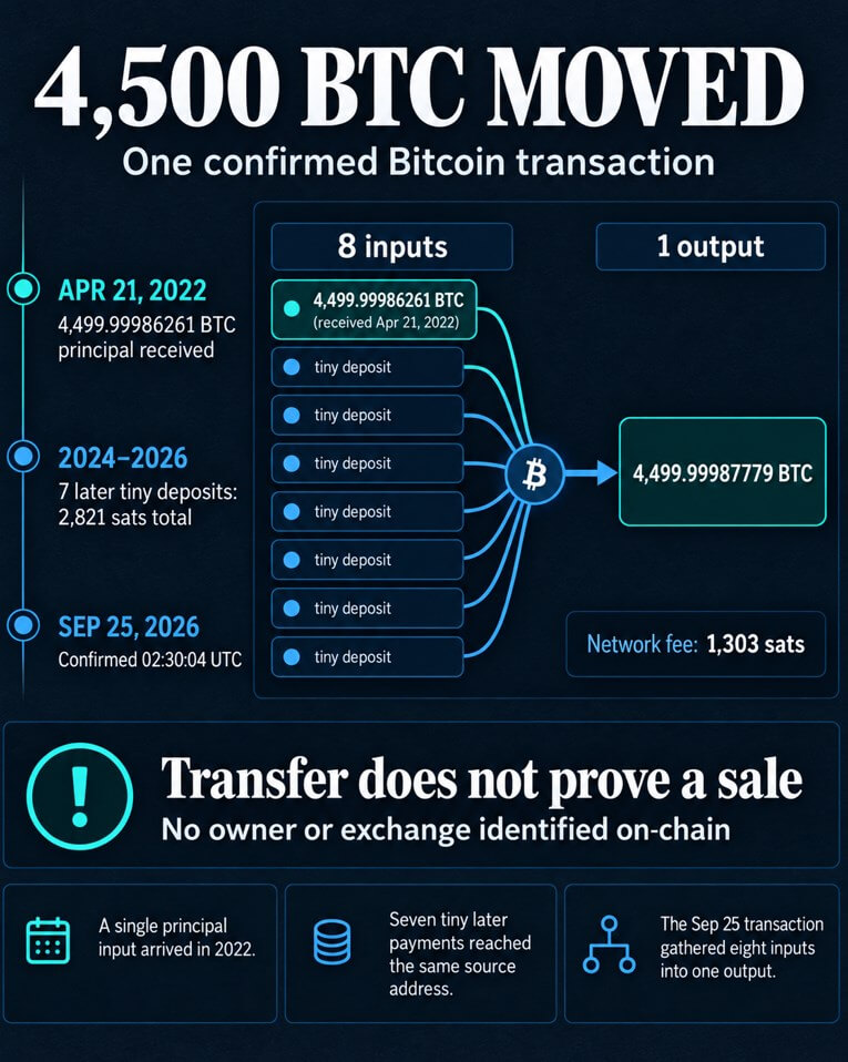 Dormant whale moves $380M Bitcoin, leaving the sale question unanswered 1 4,500 BTC moved in one confirmed Bitcoin transaction