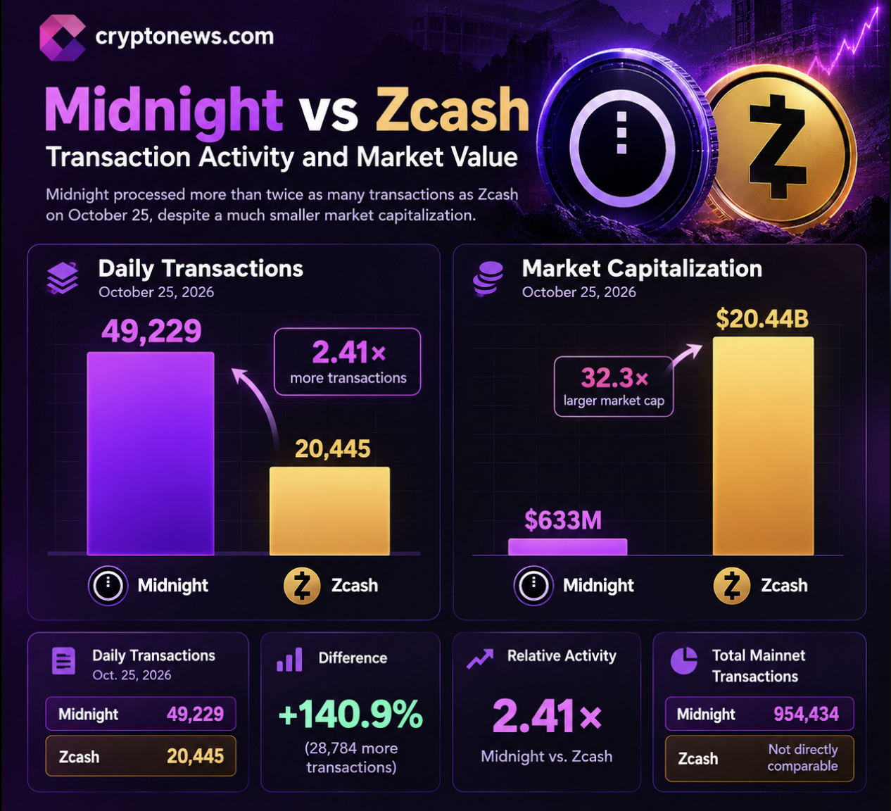 Charles Hoskinson’s Midnight to Hit 50,000 Transactions as Crypto Privacy Race Heats Up 1 Midnight processed 49,229 crypto transactions in a day, beating Zcash by 2.4x as Charles Hoskinson’s privacy-focused network gains traction.
