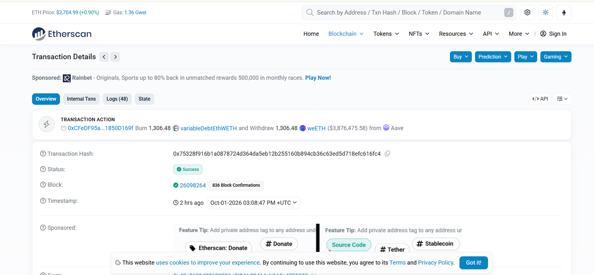 FlashLoopAdapter Exploit Drains $305K From Two Aave-Linked Safes 1 Transaction showing the withdrawal of 1,306.48 weETH